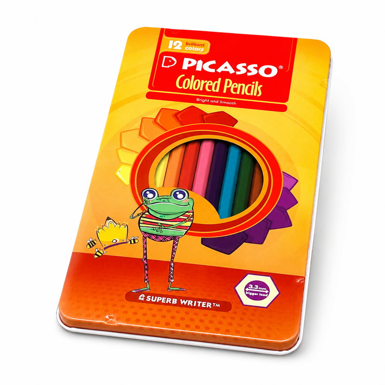 تصویر مداد رنگی ۱۲ رنگ جعبه فلزی Picasso، لوازم تحریر از برند Picasso